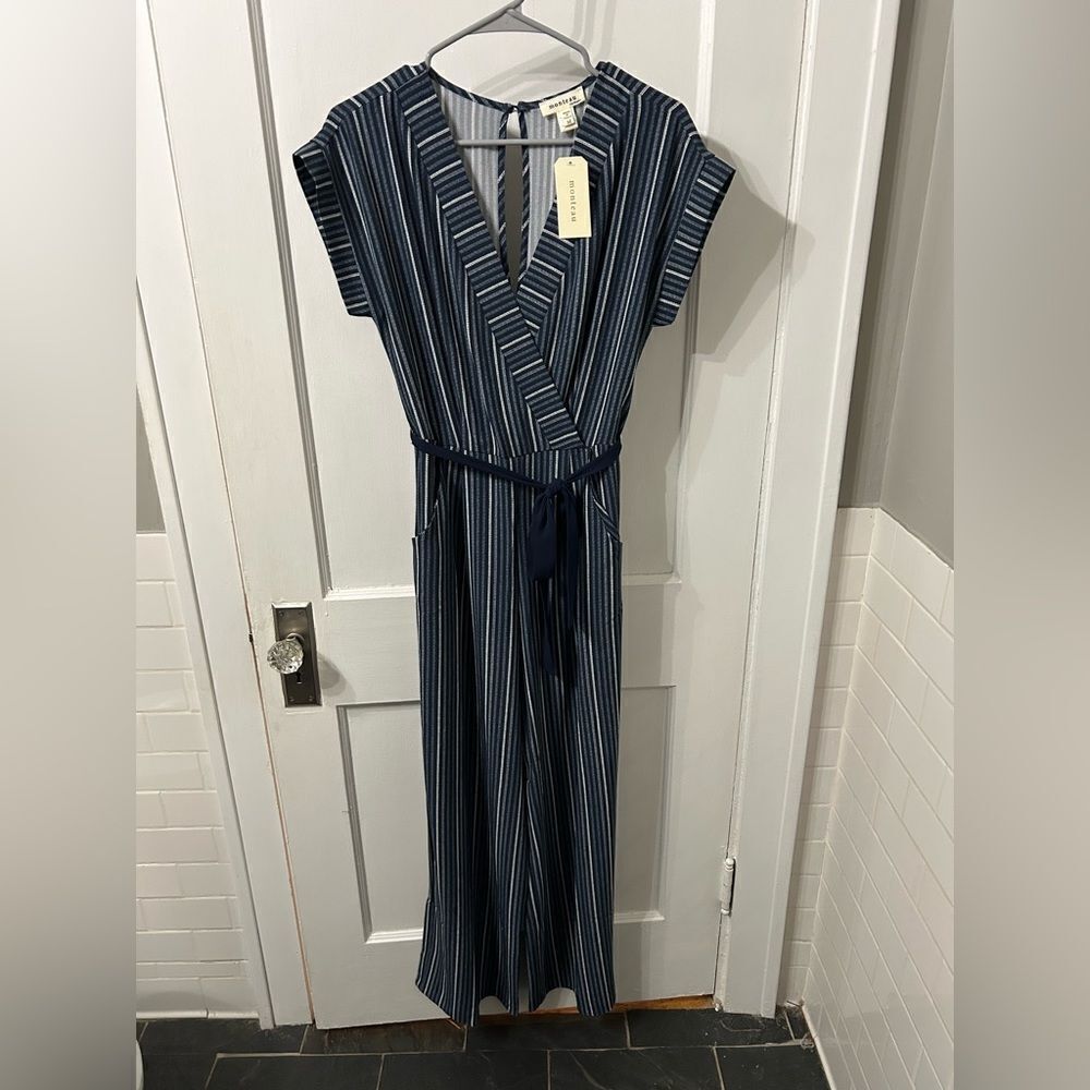 Monteau Blue Wrap Jumpsuit with Flutter Sleeves